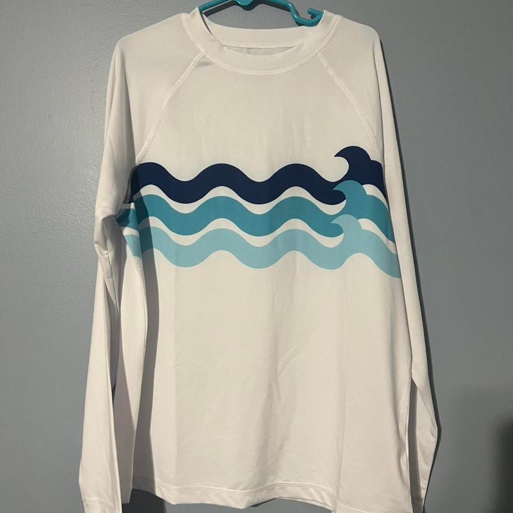 Wonder Nation Boys White Blue Wave Long Sleeve Rash Guard Swim Shirt L 10-12